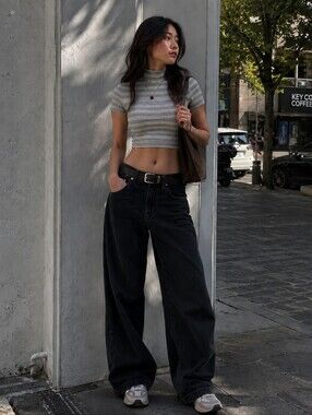 Vintage Simpatico Striped Mock Neck Crop Top Y2K Stretch Made in Canada S